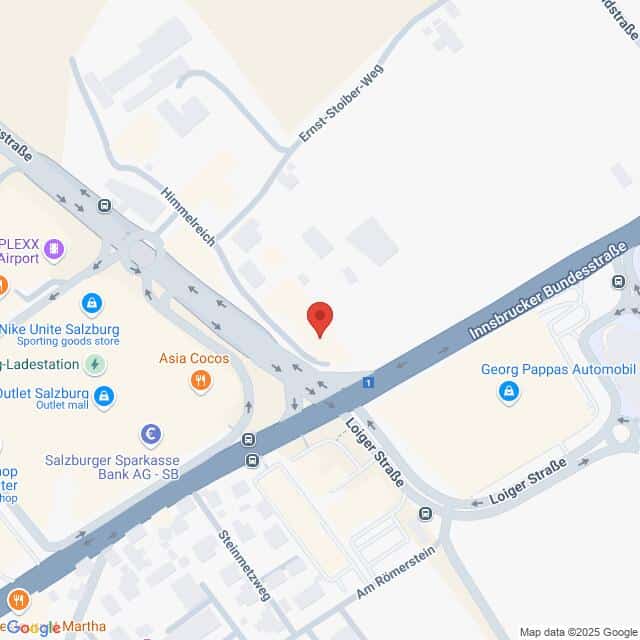 meinkarrierestart.at Eine Karte mit einer Stecknadel in der Nähe der Kreuzung Innsbrucker Bundesstraße und Loiger Straße in Salzburg, auf der die Geschäfte in der Nähe gekennzeichnet sind.