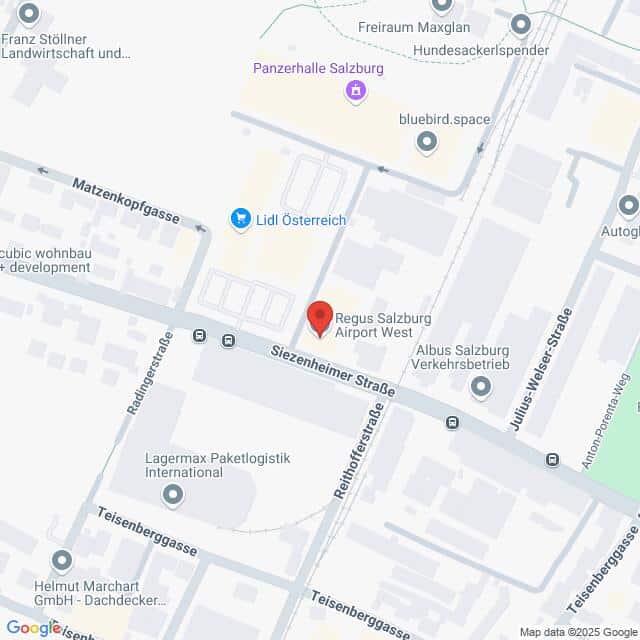 meinkarrierestart.at Karte mit dem Standort von Regus Salzburg Airport West in der Siezenheimer Straße in Salzburg, Österreich, mit Beschriftung der umliegenden Geschäfte und Straßen.