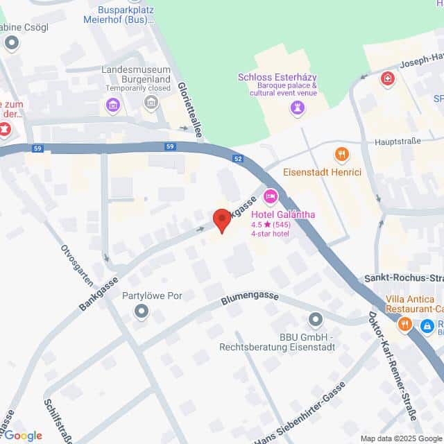 meinkarrierestart.at Karte, die einen zentralen Bereich von Eisenstadt, Österreich, zeigt und das Hotel Galántha und nahe gelegene Straßen wie die Glorietteallee, die Bahnstraße und die Blumengasse hervorhebt.