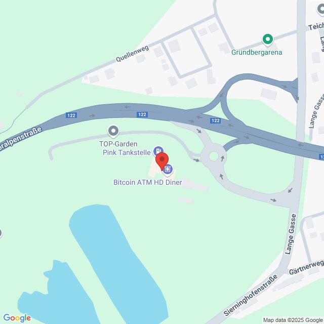 meinkarrierestart.at Karte mit dem Standort eines Bitcoin-Geldautomaten beim HD Diner in der Nähe eines Kreisverkehrs, einer Tankstelle und von Teichen, mit eingezeichneten Straßen in der Nähe.