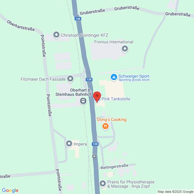 meinkarrierestart.at Karte mit dem Standort der Pink Tankstelle in der Nähe des Bahnhofs Steinhaus in Steinhaus, mit Markierung der umliegenden Straßen und Geschäfte.