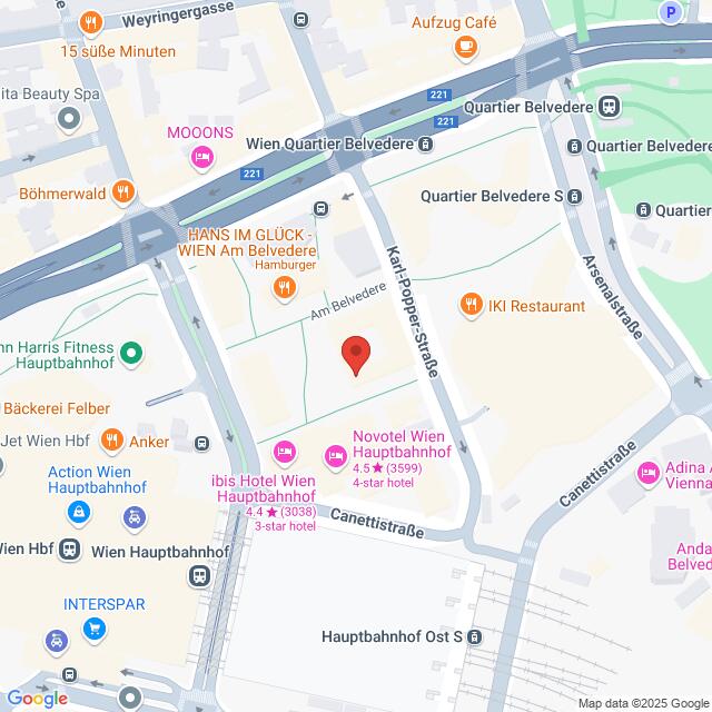 meinkarrierestart.at Karte mit Hotels, Restaurants und Sehenswürdigkeiten in der Nähe des Wiener Hauptbahnhofs und der S-Bahn-Station Quartier Belvedere in Wien, Österreich.