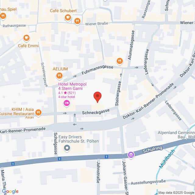 meinkarrierestart.at Karte mit der Lage des Hotels Metropol 4 Stern Garni in der Nähe der Schneckgasse und der Karl-Renner-Promenade in St. Pölten, Österreich, mit Beschriftung der nahegelegenen Cafés und Straßen.