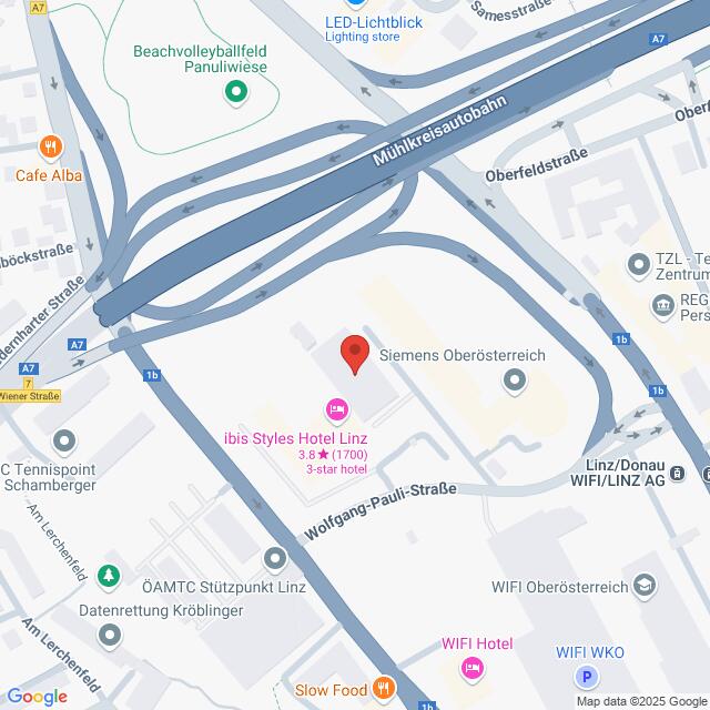 meinkarrierestart.at Karte mit dem Standort von Siemens Oberösterreich in Linz, Österreich, in der Nähe der Mühlkreisautobahn und des ibis Styles Hotel Linz, mit Beschriftung der umliegenden Straßen und Sehenswürdigkeiten.