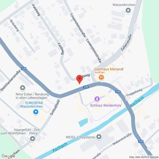 meinkarrierestart.at Eine Karte, die einen Teil von Waizenkirchen, Österreich, zeigt, mit Straßen, Unternehmen und Sehenswürdigkeiten wie Schloss Weidenholz und EUROSPAR.