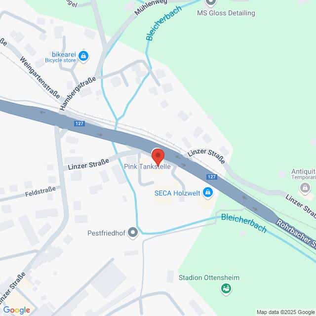 meinkarrierestart.at Eine Karte mit dem Standort der Pink Tankstelle an der Linzer Straße in Ottensheim, in der Nähe des Bleichbachs und des Stadions Ottensheim.