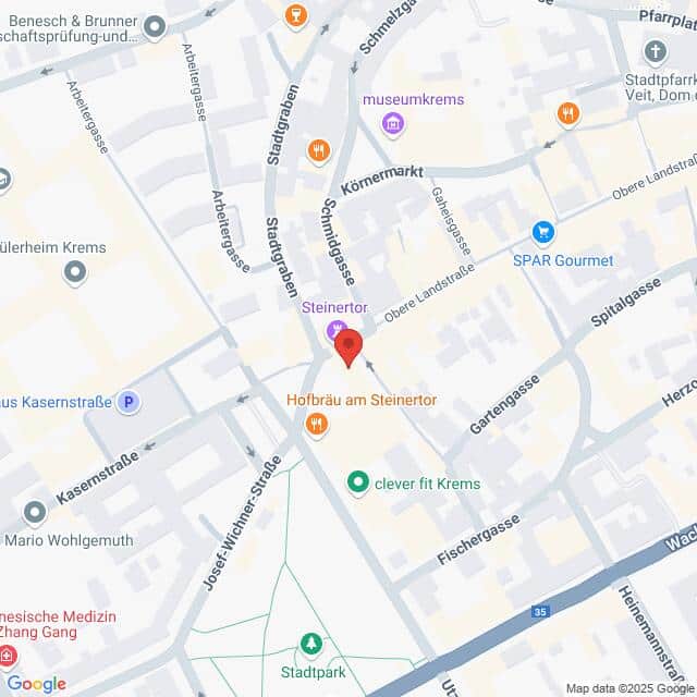 meinkarrierestart.at Karte mit der Lage von „Hofbräu am Steinertor“ in Krems, Österreich, in der Nähe von Sehenswürdigkeiten wie Steinertor, SPAR Gourmet und Stadtpark.