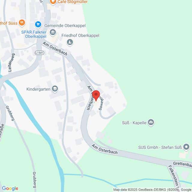 meinkarrierestart.at Karte, die einen Abschnitt von Oberkappel, Österreich, mit den Straßen Am Osterbach, Grubberg und Felkenerweg sowie nahe gelegenen Sehenswürdigkeiten wie einem Kindergarten und einem SPAR-Supermarkt zeigt.